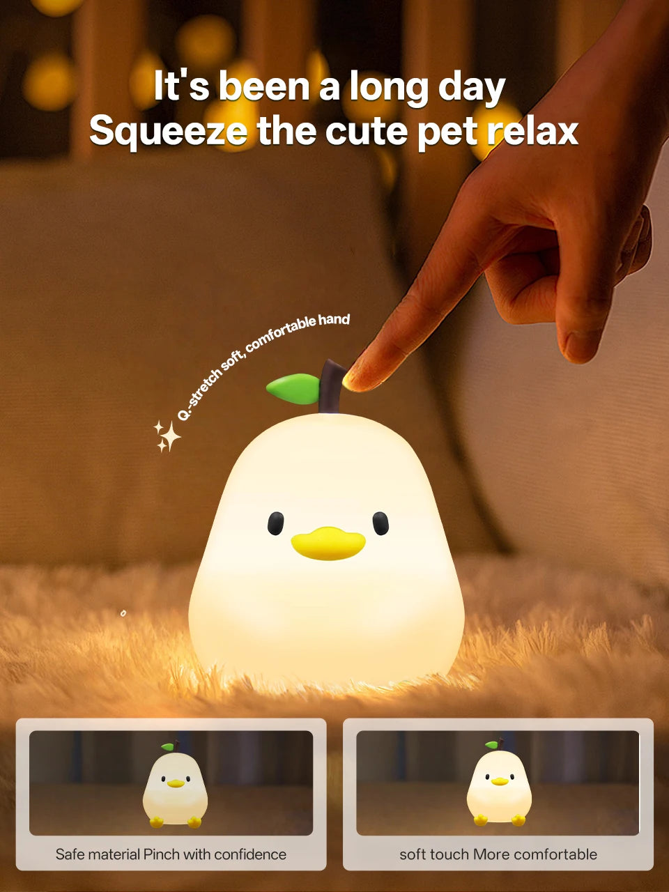 Touch Sensor RGB LED Night Light Cute Pear Duck Hamster Silicone Lamp for Kids USB Rechargeable Bedroom Bedside Lighting