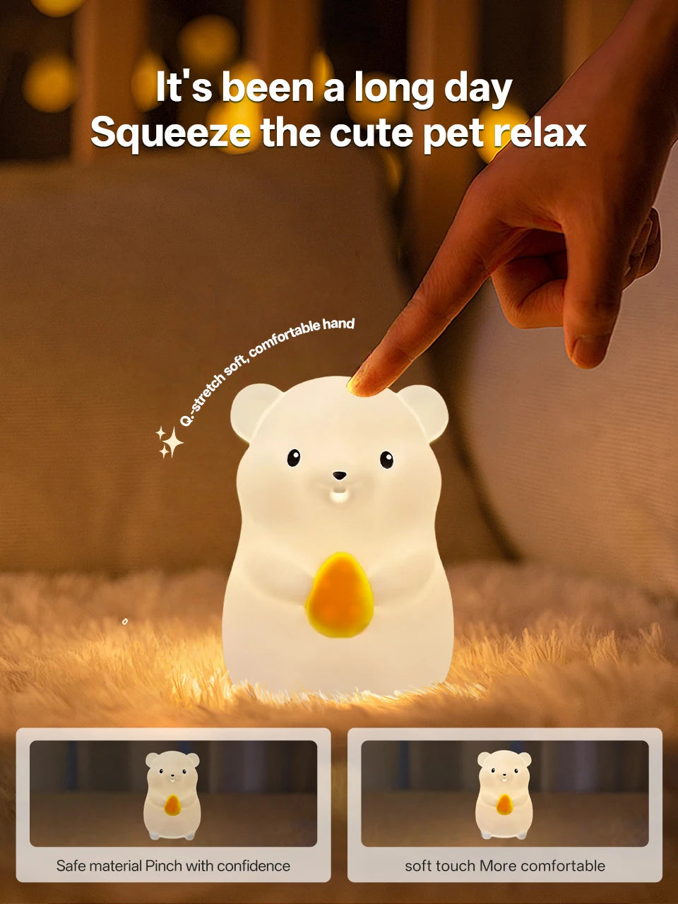 Touch Sensor RGB LED Night Light Cute Pear Duck Hamster Silicone Lamp for Kids USB Rechargeable Bedroom Bedside Lighting