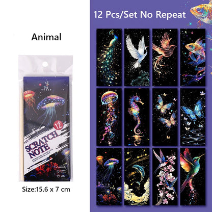 12 Pcs/Set DIY Scratch Painting Animal Bookmarks Colorful Portable Creative Doodle Art Toy Handmade Night Scene Art